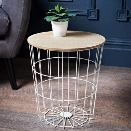 Biznest Wire Side Table White Home And Gifts Round Wooden Top Geometric Wire Occasional Side Table End Table