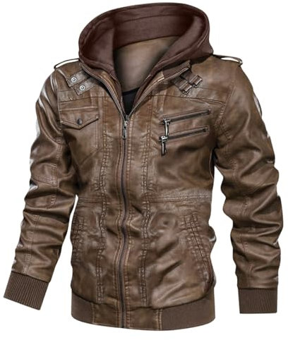Minetom Veste en Similicuir pour Hommes Blouson de Motard à Capuche Détachable Manche Longue Multi Poches Biker Moto Manteau A Marron L