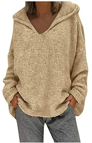 Lazzboy Store Strickpullover Damen Hoodie Kapuzenpullover Stricken Strickwolle Frauen Pullover Lose Große Einfarbige Kapuze Mit Langen Ärmeln Sweatshirts (Beige,M)