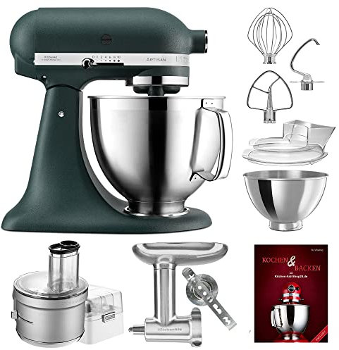KitchenAid Küchenmaschine Artisan - P24 Food Processor Set Spezial 185er (M) - 5KSM185PSEPP inkl. Food Processor Vorsatz (5KSM2FPA), Fleischwolf Ganzmetall (5KSMMGA) und Kochbuch (Kochen & Backen)