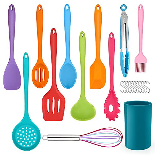 Herogo Set di utensili da cucina, 22 pezzi, in silicone, con porta utensili, resistenti al calore, utensili da cucina, sani e antiaderenti, lavabili in lavastoviglie, colorati