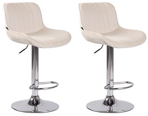 CLP 2er Set Barhocker Lentini Samt I Thekenhocker Höhenverstellbar I Barstühle Mit Fußstütze I 360° Drehbar I Tresenstühle Mit Trompetenfuß, Farbe:Creme, Gestell Farbe:Chrom
