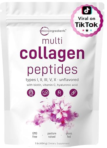 Micro Ingredients Multi Collagen Peptides Powder, 1lb – Hydrolyzed Type I,II,III,V,X with Biotin, Hyaluronic Acid, Vitamin C – Unflavored Collagen for Women & Men, Easy Dissolve, 41 Servings
