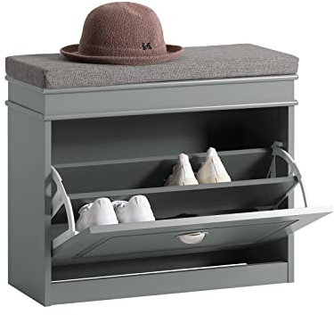 SoBuy Schuhbank mit Sitzkissen und Stauraum Schuhschrank mit Klappe, Schuhregal schmal platzsparende Sitzbank mit Stauraum für Flur, Wohnzimmer, Schlafzimmer, bis 150 kg Hellgrau 60x51x24cm FSR82-K-HG