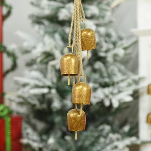 Vuskly Gold Metal Vintage Bells with Jute Hanging Rope, Decorative Cow Bell for Weddings, Parties, and Christmas Wreaths, 1.7W x 2.8H