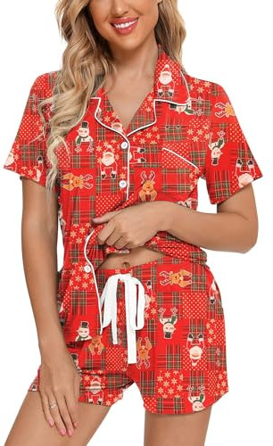 Samring Ensemble de pyjama boutonné pour femme, col en V, manches courtes, tailles S à XXL, B - Père Noël à carreaux (avec poches courtes), M