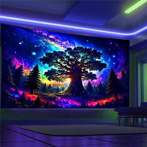Arsey Schwarzlicht Wandteppich Wald Trippy UV-Reaktive Wandteppiche Hochkant Baum Sterne Galaxy Aesthetic Wandtücher Wandtuch Deko Wohnzimmer, Bunt, Extra Großer 300x180cm