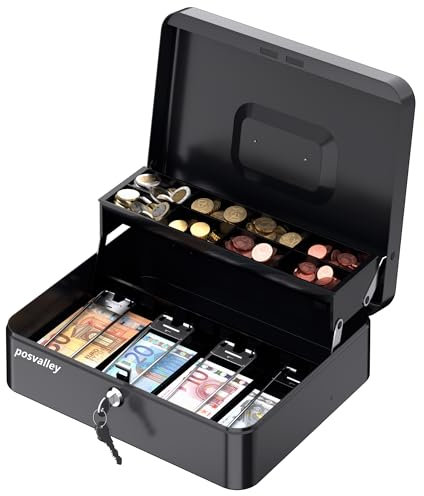 POS VALLEY Cassetta Porta Valori in Ferro - Salvadanaio Conta Soldi con Vassoio Porta Monete e Molle Acciaio Ferma Banconote, Serratura di Sicurezza, 30 x 24 x 9 cm, Nero