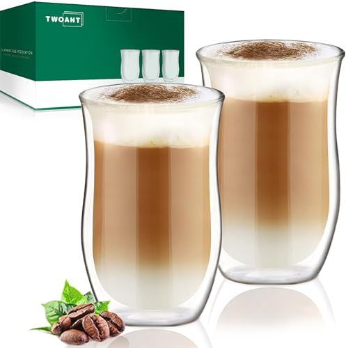 twoant Double Walled Coffee Glasses Mugs 2 x 350ml Cappuccino Latte Macchiato Tea Cups Borosilicate Heat Resistant Glass Cup Drinking Glasses Coffee Cup