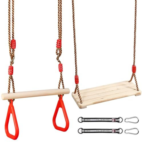 Columpio Jardin Exterior, Columpio Infantil Adultos, Columpio Arbol, Asiento Columpio de Madera, Swing para Interiores e Exteriores (Tablón + Anillo de Suspensión Rojo)