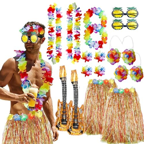 Amycute Hawaiian Grass Hula Skirts Sets with Flower Headband Hawaii Leis Wristband Bra Pineapple Sunglasses for Women Girls Adult Summer Beach Tropical Party Decorations Fancy Dress Costume