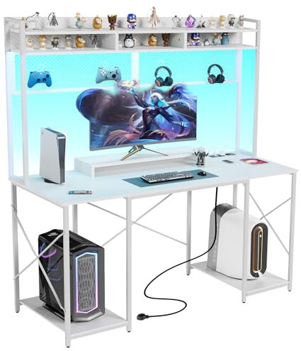Devoko Gaming Tisch mit LED-Beleuchtung, 120x60 cm DIY-Stecktafel Schreibtisch mit USB-Anschluss und Steckdose, Computertisch mit Regal & Monitorständer, Weiß