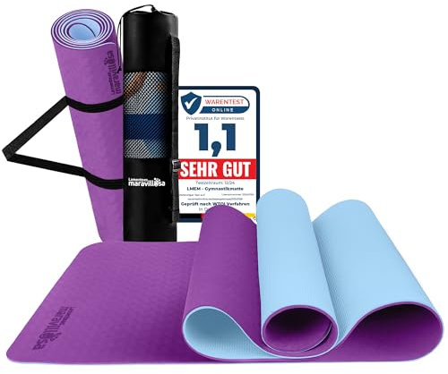 LA MENTE ES MARAVILLOSA - Gymnastikmatte, Rutschfest Yogamatte inkl. Tragegurt + Tasche + Übungs-E-Book, Gepolstert, Hautfreundliches TPE für Fitness/Pilates/Workout 183x61 cm (Lila/Blau ohne Design)
