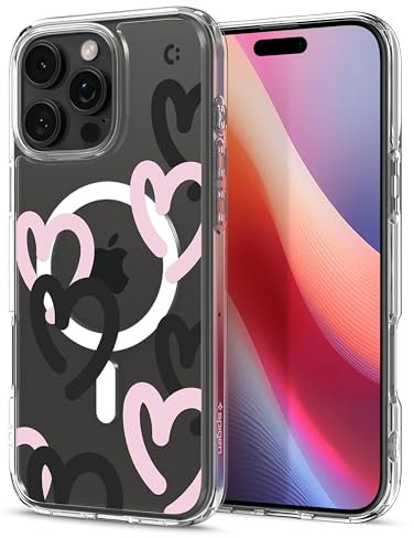 Spigen für iPhone 16 Pro Max Hülle [Anti-Yellowing] Ultra Hybrid MagFit Case Handyhülle Transparent Dünn Slim Kompatibel mit MagSafe -Hearts Black Pink