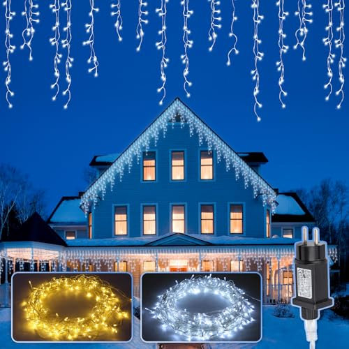 Cecaylie 200 LEDs Kaltweiß Eisregen Lichterkette Außen, 8 Modi, Memory-Funktion, IP44, Niederspannung sicher, geeignet für große Feste wie Weihnachten und Hochzeiten