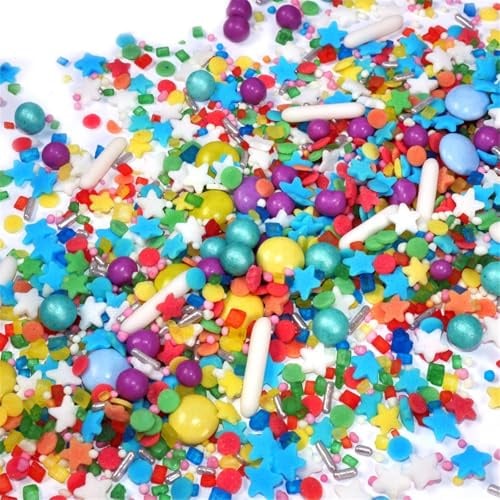 Streuselheld Party Mix 120g Bunter ZuckerStreusel-Mix | Sterne, Strands, Perlen, Nonpareille als Topping für Torten, essbare Deko-Streusel für Muffins, Cupcakes, Geburtstagskuchen