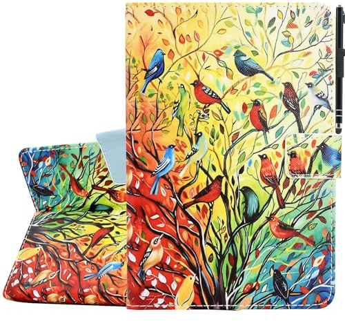 KEROM iPad Hülle für 9./8./7. Generation (10,2 Zoll 2021/2020/2019), Air 3, Pro 10.5 - PU Leder Stand Case mit Auto Wachen/Schlafen, Vogel Baum