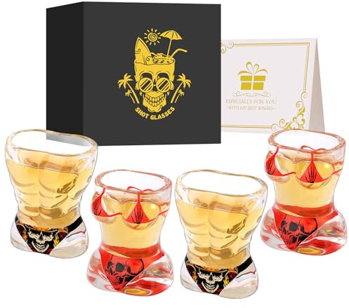 Set di 4 bicchierini da shot in vetro con motivo a teschio e muscoli, con scatola regalo con logo, base pesante da 30 ml, per shot alcolici, vodka, espresso, tequila e dessert, durevoli e