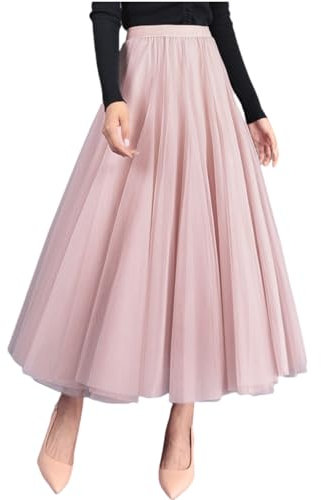 Yuetide Jupe Longue Femme en Tulle Jupe Été Taille Élastique Jupe Plissée Vacances Plage Jupe Princesse Couleur Unie Rose