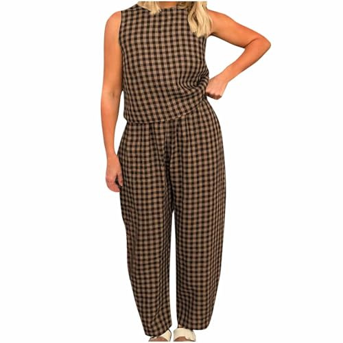 NSICBMNO Co Ord Sets für Damen, Sommer, Loungewear, Set, kariert, Pyjama, ärmellos, Weste, Oberteil, Baggy-Hose, 2-teiliges Outfit, karierte Pyjamahose, Baumwoll-Tops, lässiger Trainingsanzug