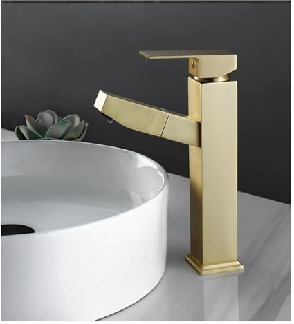 Faucet Badezimmerbecken ausziehen Wasserhahn Waschbecken Wassermischer Habe Heißer Kaltwasserbecken Kran Fahne Badezimmerhahn über The Counter Becken Wasserhahn (Gold kurz 1) Water-tap