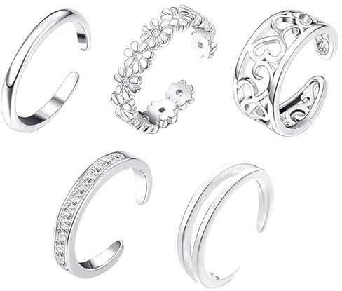 5PCS Toe Rings for Women,Sterling Toe Ring Ladies Open Adjustable Band Ring Jewellery,Adjustable Silver Toe Ring Set