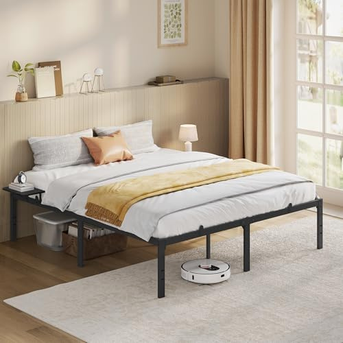 VASAGLE Telaio Letto in Metallo con Ripiani Portaoggetti, Montaggio Facile | Per Materassi da 160 x 190 cm, Struttura Letto Matrimoniale, Nero Inchiostro, RMB099B01