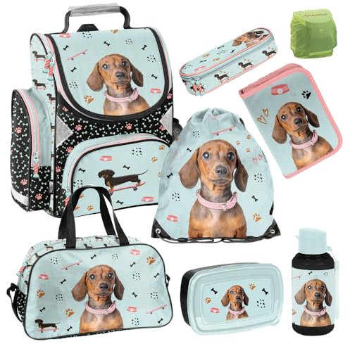 Familando Mädchen Schulranzen-Set Weenie Dog, 8-teilig, ergonomischer Tornister mit Reflektoren, ab der 1. Klasse mit Federmappe und Sporttasche (Dackel - Hund)