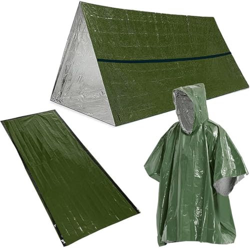 Daaxing 3-In-1 Outdoor Emergency-Survival Kits Thermal Rain Coat Sleeping Bag Tent Set,Foldable Rain Coat Sleeping Bag Tent Set for Outdoor Camping (Green)