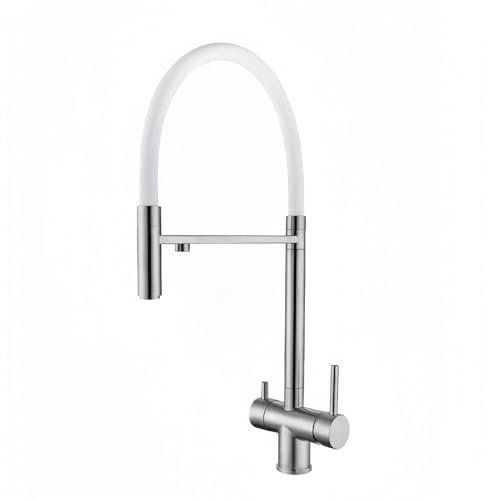 XJTNLB Miscelatore Cucina 3 Vie Acciaio Inox Spazzolato+Bianco Rubinetto Tre Vie con Doccetta Estraibile Miscelatore Cucina con Doccetta Estraibile