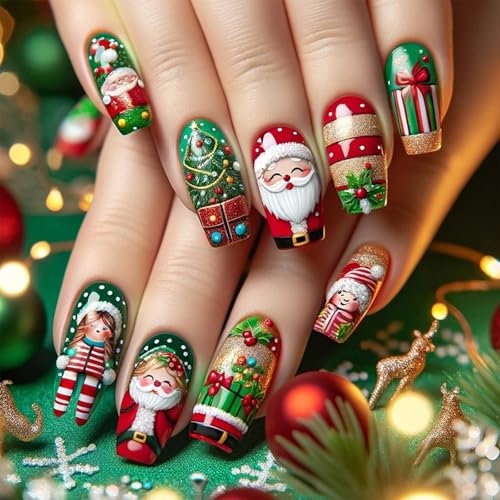 Elegant Christmas Nails With Santa And Box False Nails Full Covers Winter Acrylic Nails For Fashion Enthusiasts