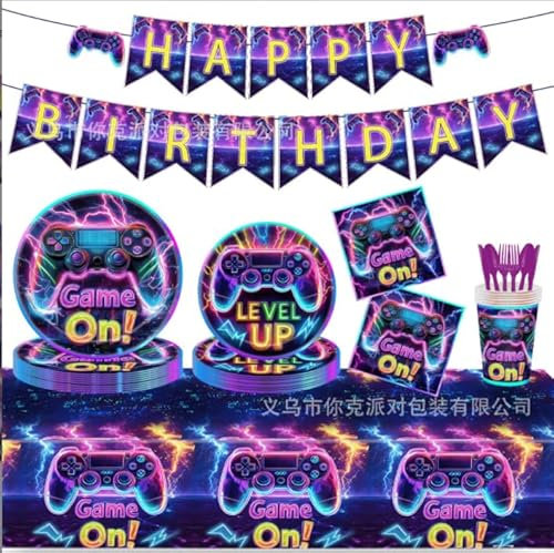 Videospie Partygeschirr Set für 10 Gäste – 10 Teller 9, 10 Teller 7, 10 Tassen, 20 Servietten, Spiel Party Deko Kinder Geburtstag Gamer Mottoparty Jungen Mädchen Videospiel Deko