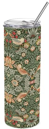 Purely Home Green Strawberry Thief Travel Flask - William Morris Artwork Gifts - Reusable Stainless Steel Hot/Cold Drinks Cup with Straw 600ml