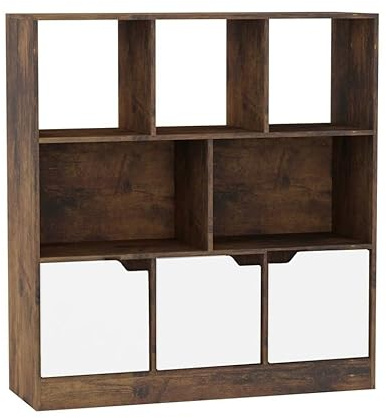 URBNLIVING Rustic Brown 8 Cube Asymmetrical Bookcase – Freestanding Storage Unit with 3 Doors - Basic Doors - White