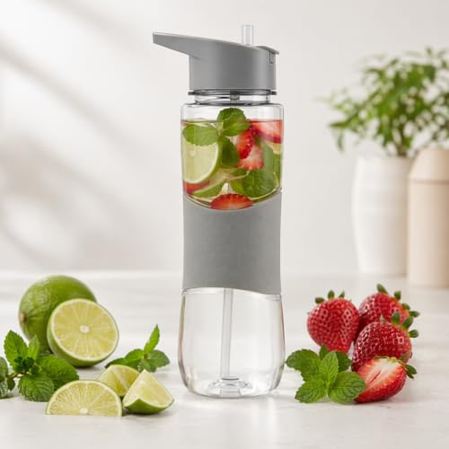Water Bottle with Straw – Drinking Bottle 700ml – Gym Water Bottles for Men, Women, Kids – Silicone Easy Grip and Leakproof (grey)