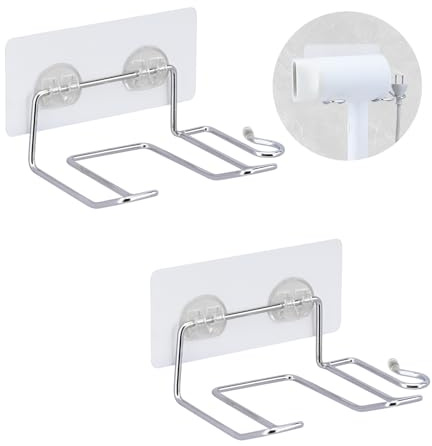 YoHyien 2 Stück Fönhalter Wand ohne Bohren, SUS304 Edelstahl Föhn Halterung zum Kleben, Haartrockner Halterung mit Kabelhalter für Bad, Friseursalon, Schminktisch (Silber)