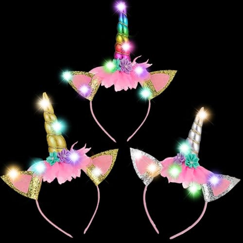 YOUYIKE 3 Stück Einhorn Haarreif für Mädchen Erwachsener LED Leuchtend Stirnband Einhorn Geburtstag Party Kostüm Accessoires Horn Haarschmuck für Karneval Ostern
