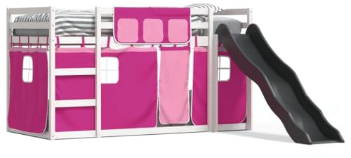 CIOURSTO Solid Pine Wood Kids Bunk Bed with Slide and Curtains - Fun Bed for Indoor Bedroom, Functional and Playful Design (90 x 190 cm)