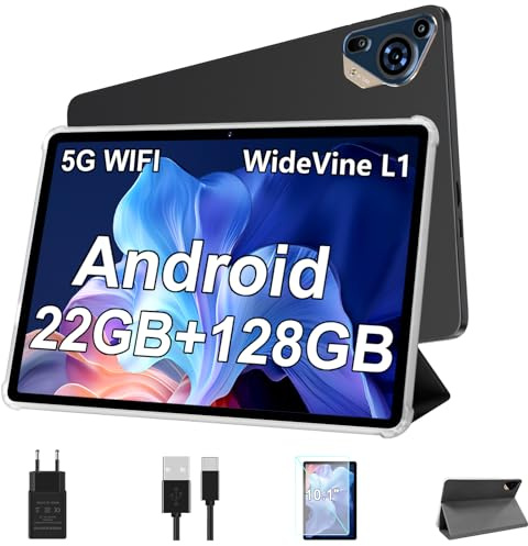 Tablet Android da 10 pollici con RAM 22 GB + ROM 128 GB (espandibile fino a 1 TB), processore octa-core, batteria 8000 mAh, Widevine L1, WiFi, GPS, tablet touch con custodia protettiva, colore grigio