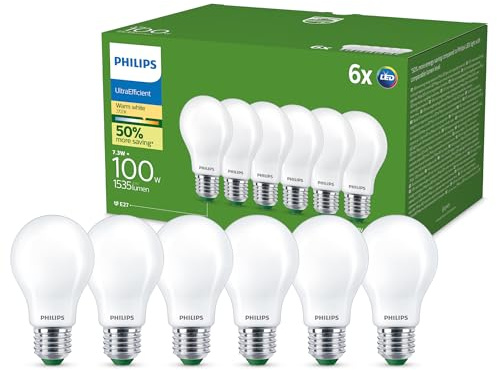 Philips UltraEfficient LED-Leuchten, 6er-Pack, A60, E27, 1.535 Lumen, 100 W, Energiesparlampen, Augenkomfort, Lange Lebensdauer, Warmweißes Licht 2.700 K, Klassisches Design, Matt