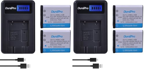 DuraPro 2Pcs 3.7V 1200mAh EN-EL10 Li-40B NP-45 Battery + LCD USB Charger for Olympus Li-42B Fujifilm NP-45 Nikon EN-EL10 D-Li63 D-Li108 NP-80 CNP80 KLIC-7006 (Pack of 2)