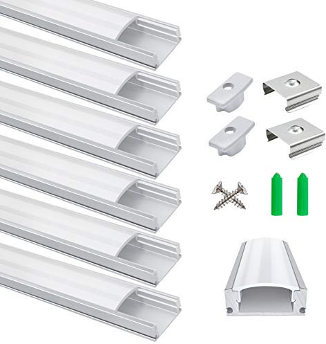 LightingWill LED Aluminum Profile, LED Aluminum Channel 6-Pack 3.3ft/1Meter Silver U-Shape LED Diffuser with Milky White Cover, End Caps and Mounting Clips Aluminum Extrusion for LED Strip Lights U02