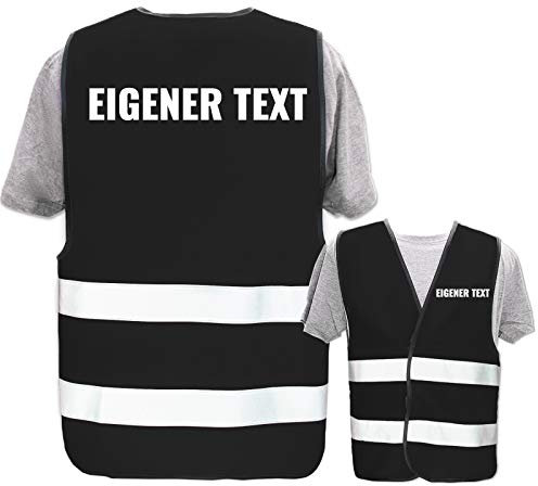Hochwertige Warnweste mit Leuchtstreifen * Bedruckt mit: Eigener Text * Farbe + Größe: Schwarz (M/L) * Thema Sicherheit und Team * Farbiger oder Reflektierender Druck