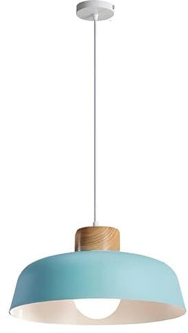 HJXDtech Moderner Minimalismus Pendelleuchte, E27 Holz Lampenfassung, 30cm Blau Metall Lampenschirm, Höhenverstellbar LED Hängelampe für Küche Schlafzimmer Esstisch