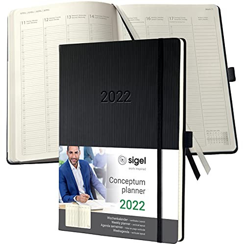 Sigel C2218 Planungsbuch Terminplaner Wochenkalender 2022 - A4+ - 1 Woche = 2 Seiten 1 Spalte pro Tag - schwarz - Hardcover - 192 Seiten - Gummiband Archivtasche - PEFC-zertifiziert - Conceptum Planungsbuch A5 1 Spalte