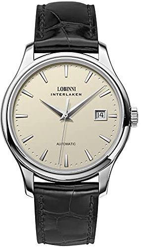 Lobinni Herren-Armbanduhr, Edelstahl, automatische mechanische Uhr, Datum, analog, lässig, modisch, Armbanduhr für Herren, Silber-Gelb-Schwarz, Mechanisch