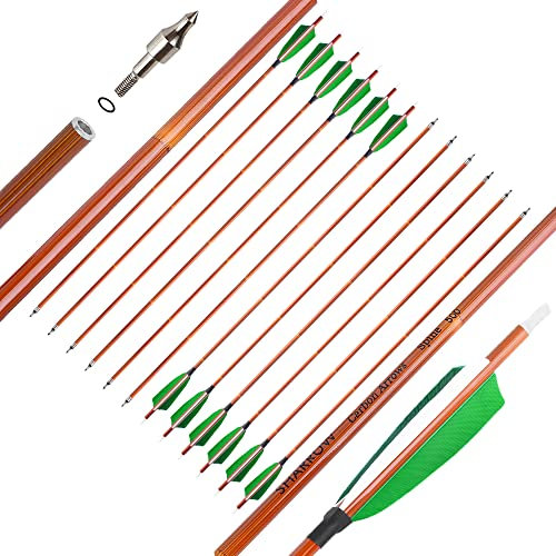 SHARROW Carbonpfeile 32 Zoll Carbonpfeile für Bogenschießen Spine 500 Carbon Pfeile Carbon Jagdpfeile mit 4 Zoll Natürliche Federn Pfeile für Pfeil Bogen Recurvebogen Compoundbogen (Grün1, 12P)