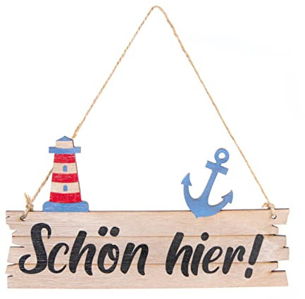 Logbuch-Verlag Holzschild SCHÖN HIER! maritim mit Anker und Leuchtturm - Türschild aus Holz natur blau rot zum Aufhängen