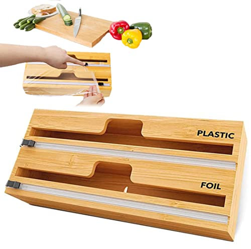 TLBB Dispenser Di Fogli Di Alluminio, Dispenser Per Imballaggi In Legno Di Bambù 2 In 1 Con Taglierina, Scatola Riutilizzabile Per Organizer Per La Conservazione Della Cucina (due fori)