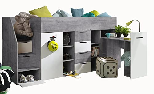 MEBLE KRYSPOL KONKRET 3 Hochbett für Kinder, Jugendliche mit Stauraum - Etagenbett mit Schreibtisch, Schrank, Regal, Schubladen, Treppe - 248,5x93x123 cm - Beton, Weiß mat, Schwarz